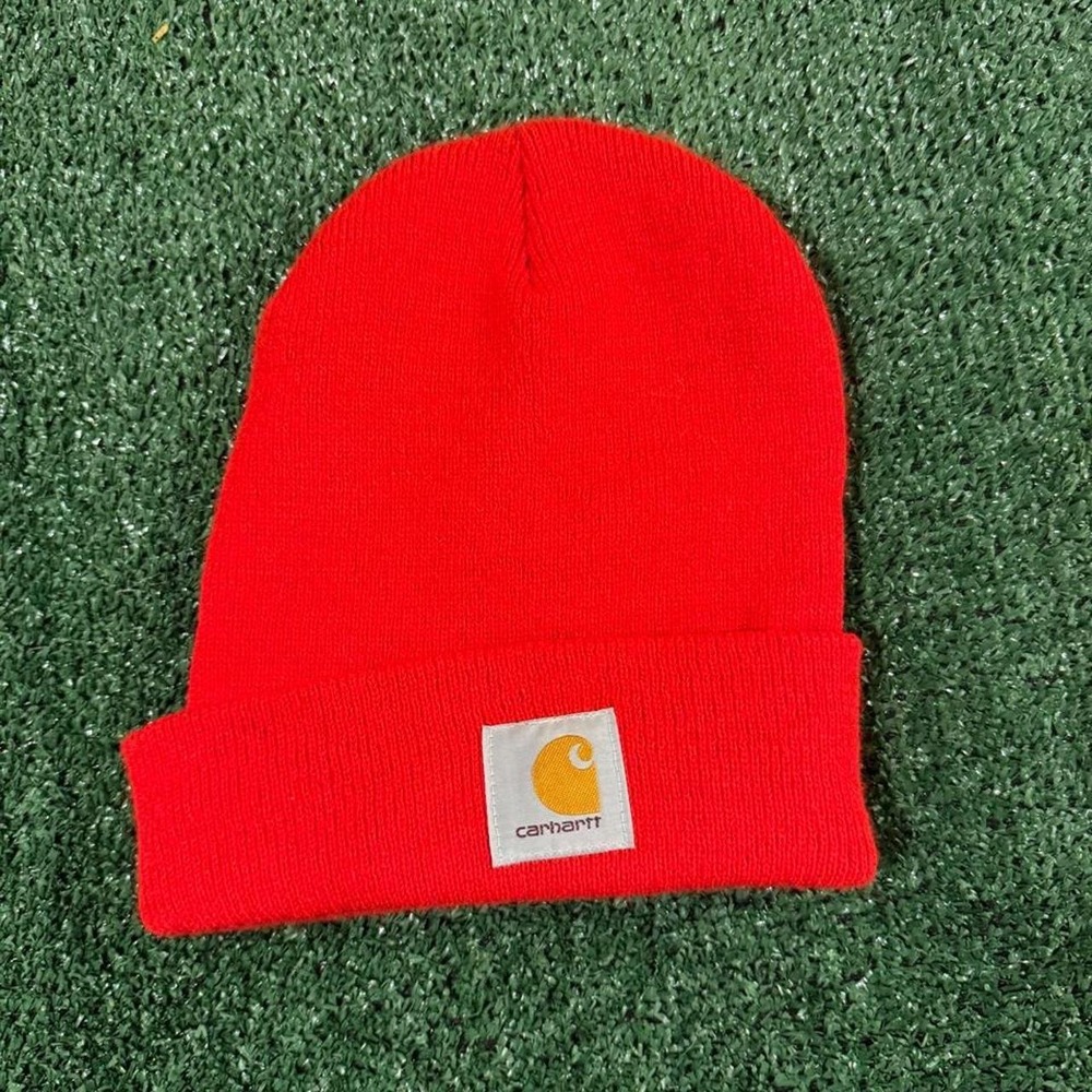 Carhartt Red Beanie Hat Mens Workwear Winter One Size A18
